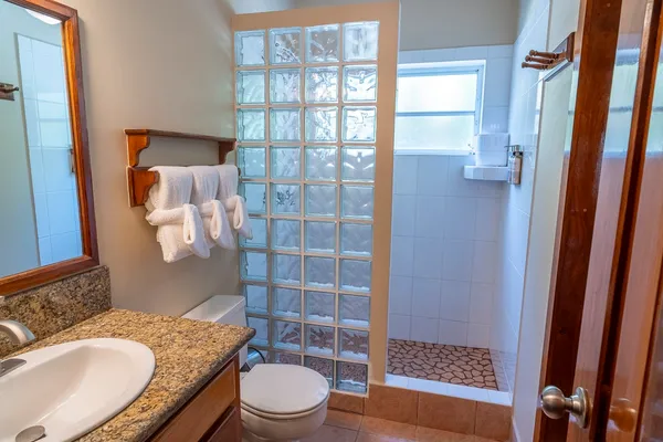 a bathroom with a granite countertop sink toilet and shower