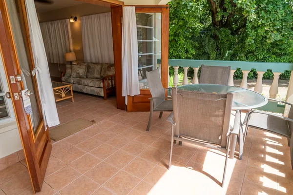 an outdoor view with patio