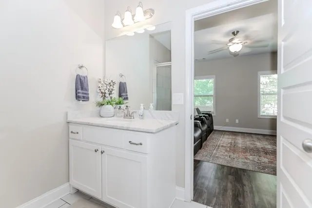 a view of a backyard with sitting area