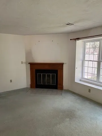 a view of empty room with a fireplace