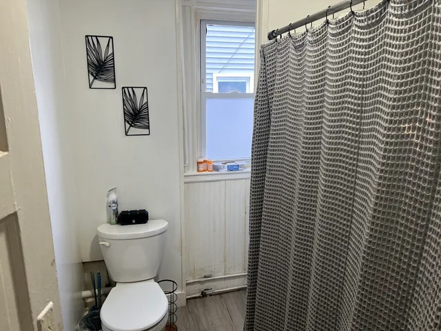 a white toilet sitting next to a shower curtain