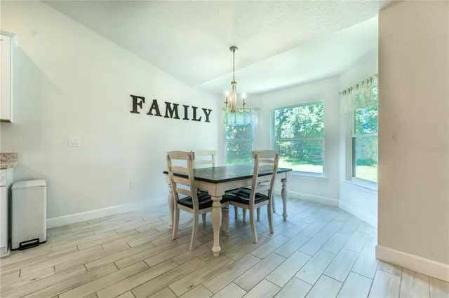 a view of a dining room with furniture window and outside view