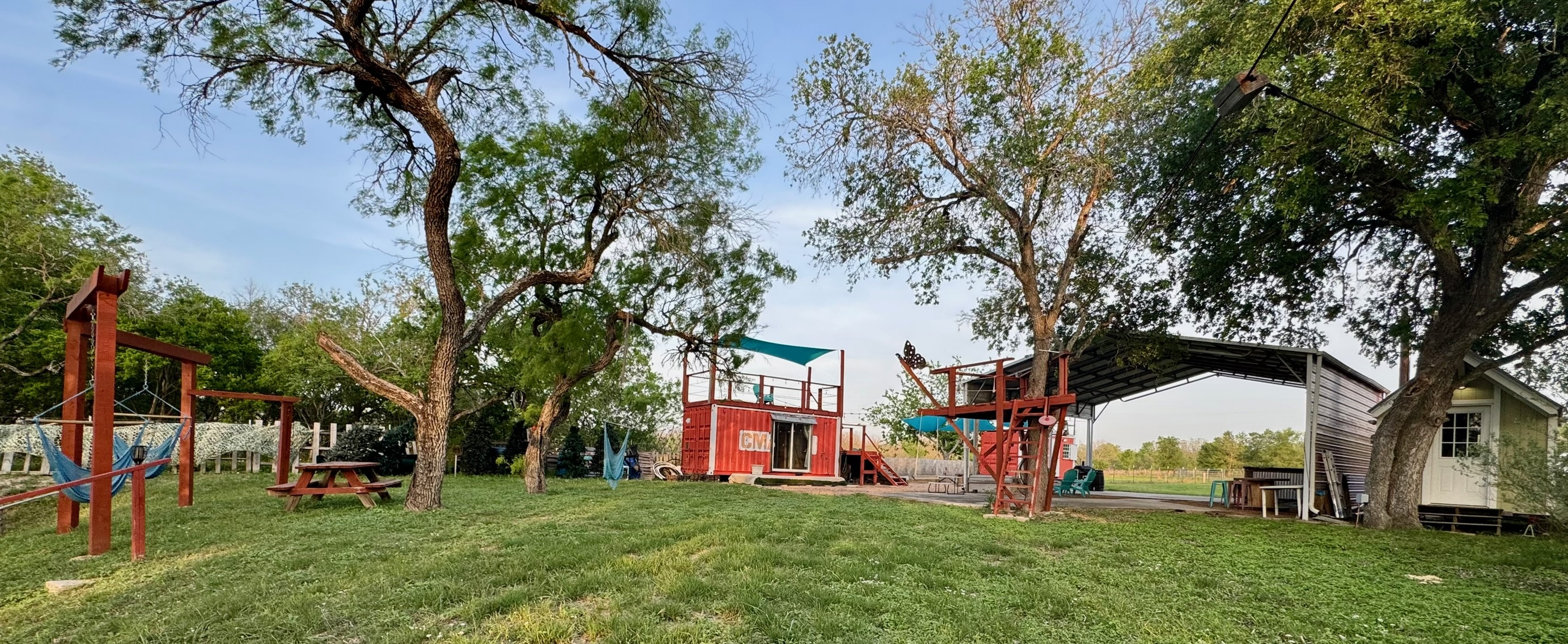 a view of a park with large trees