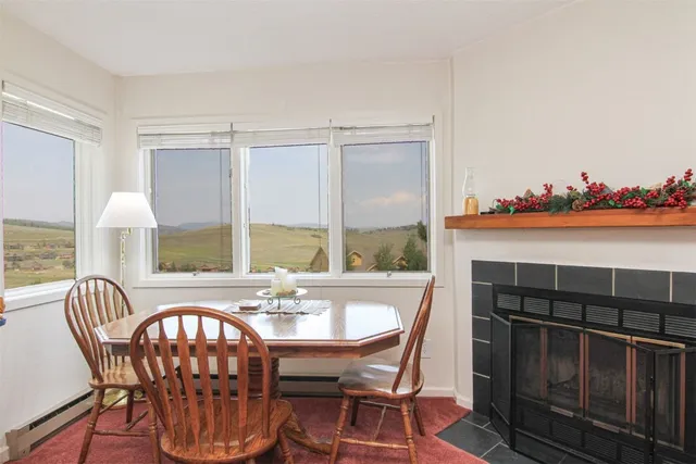 a view of a dining room with furniture window and outside view