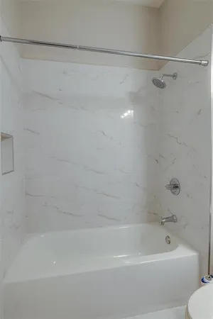 a bathroom with a bathtub and a shower