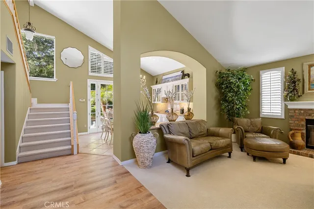 a living room with furniture or couch and a fireplace