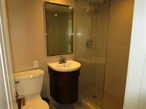 a bathroom with a sink shower and a mirror