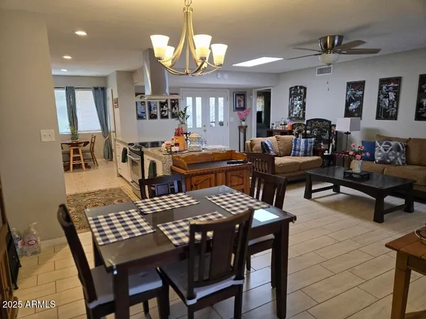 a view of a dining room with furniture
