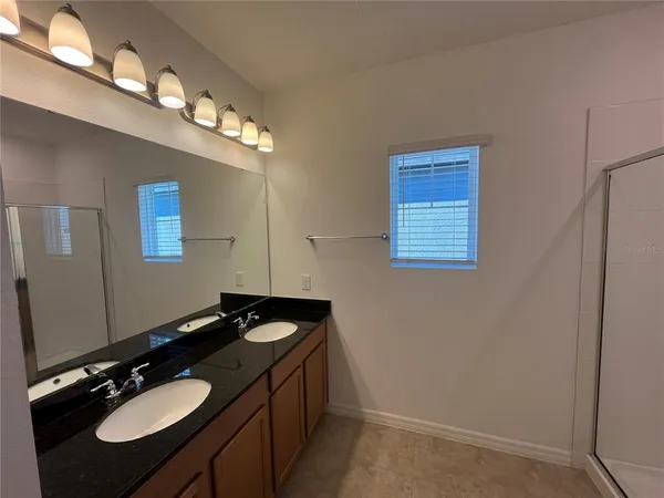 a bathroom with a sink vanity and a mirror