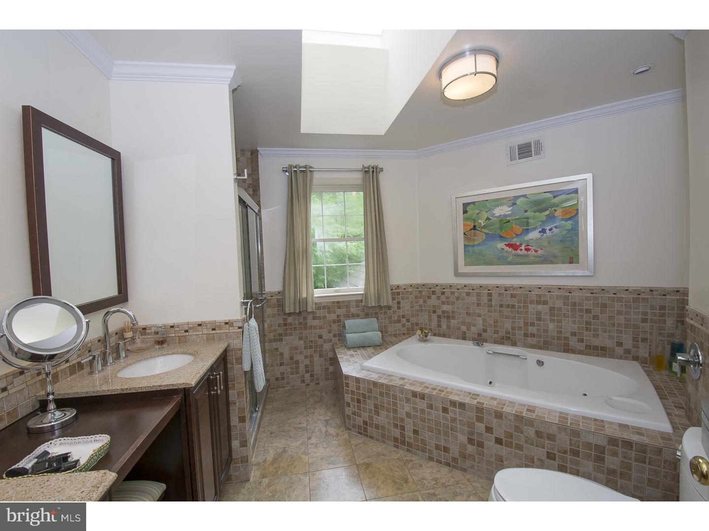 709 South Waterloo Road Devon, PA 19333 - Photo 13 of 25 a bathroom with a granite countertop sink a large mirror a bathtub and window