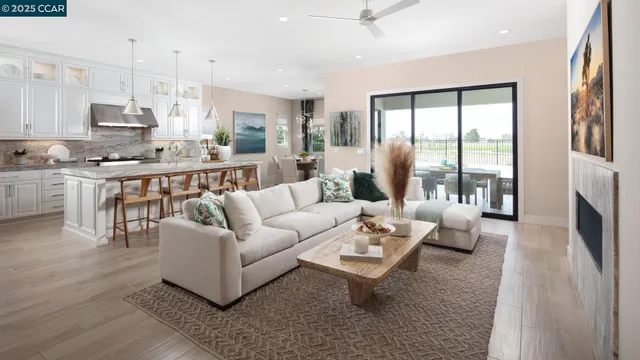 a living room with furniture wooden floor and a fireplace