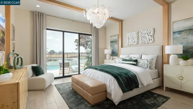 a spacious bedroom with a bed and glass window