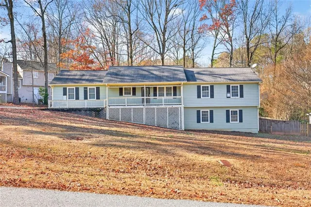a view of a building with a garden