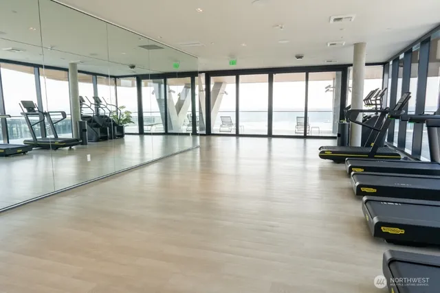a view of empty room with wooden floor and floor to ceiling window