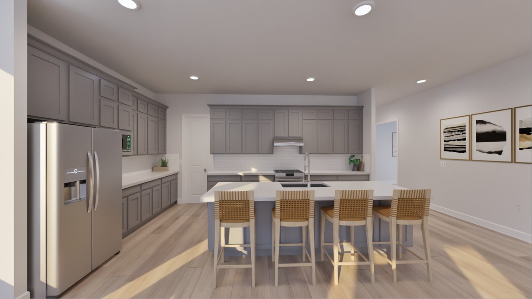 32114 Waterlily View Hockley, TX 77447 - Photo 16 of 26 a kitchen with stainless steel appliances a table chairs refrigerator and wooden cabinets