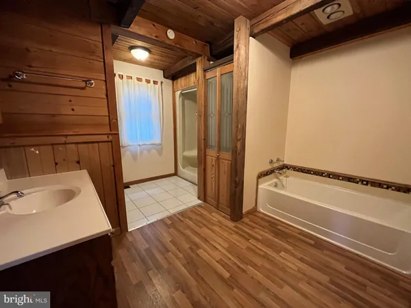 a bathroom with a tub shower vanity and a sink