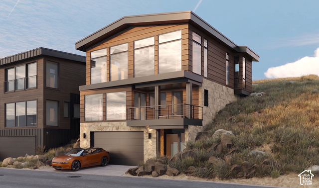 8456 Copper Crest Road, Unit 148 Eden, UT 84310 - Photo 1 of 34 Modern renderings architectural design featuring extensive window fenestration, wood-tone siding, and stone cladding