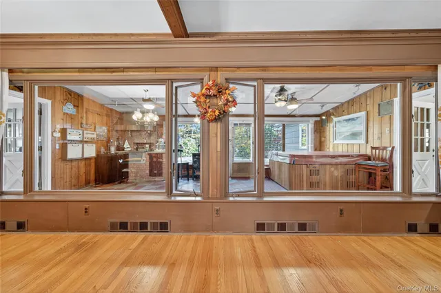 a front view of a building with a outdoor space