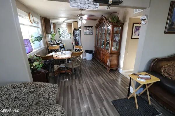 a view of a dining room with furniture
