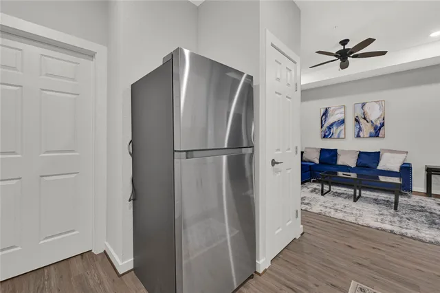 a view of dining room with wooden floor