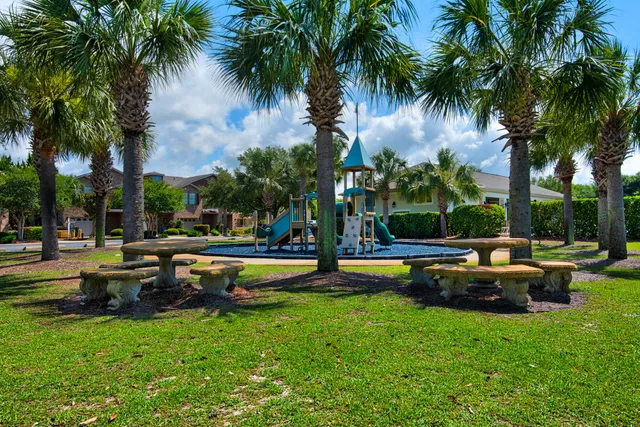 a view of swimming pool with lawn chairs and a large tree