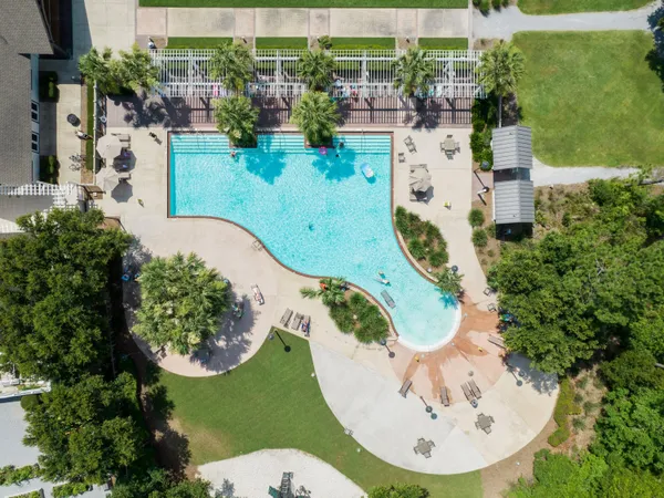 an aerial view of a swimming pool
