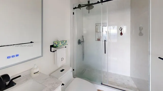 a bathroom with a shower and a toilet