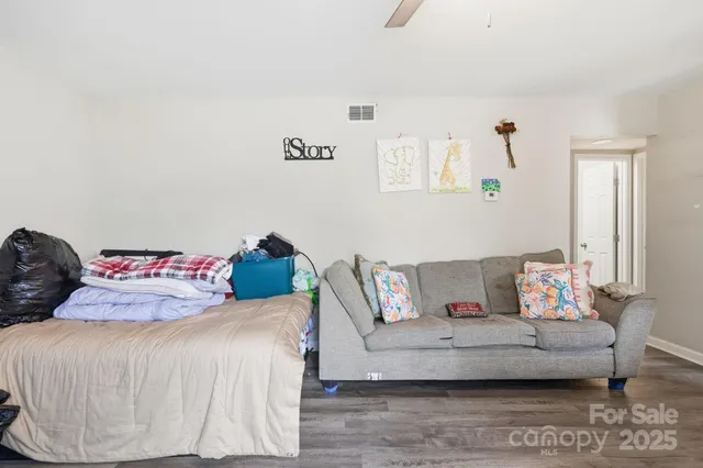 a living room with furniture and a potted plant