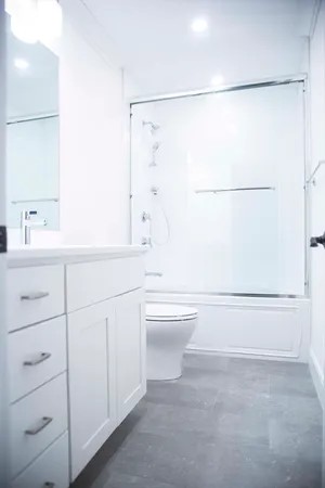 a bathroom with a sink a toilet and a shower