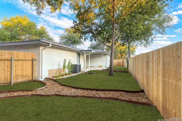 a view of a backyard with plants and large tree