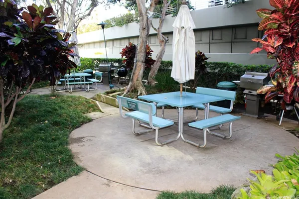 a view of a patio with a table and chairs
