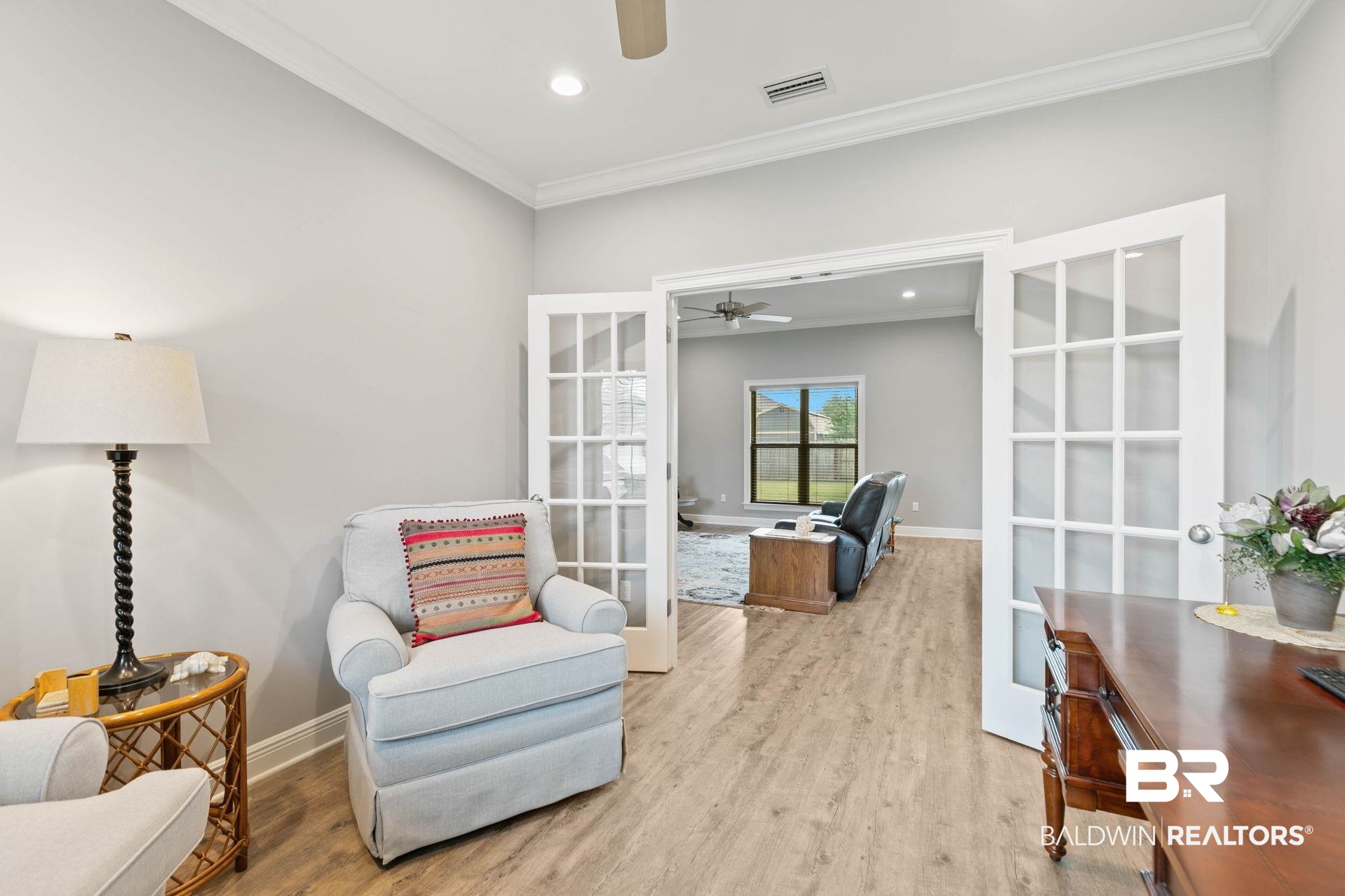 9388 Pembrook Loop Fairhope, AL 36532 - Photo 17 of 53 Office area featuring wood finished floors, crown molding, ceiling fan, and recessed lighting