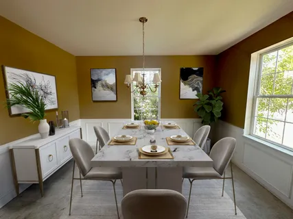 a view of a dining room with furniture window and outside view