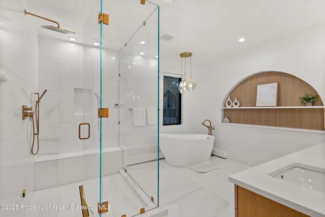 a bathroom with a bathtub and a shower