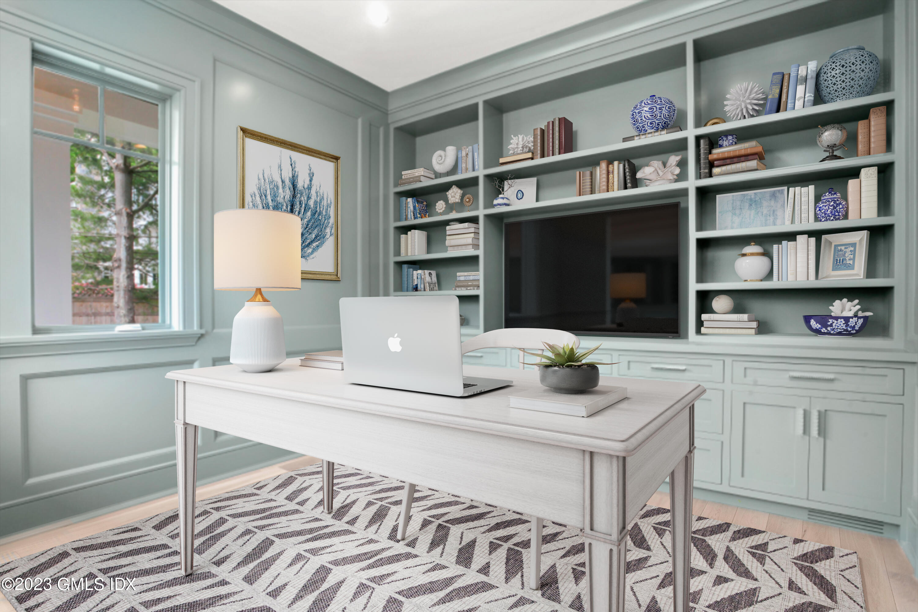 4 Ford Lane Old Greenwich, CT 06870 - Photo 6 of 43 a view of a workspace with furniture and a book shelf