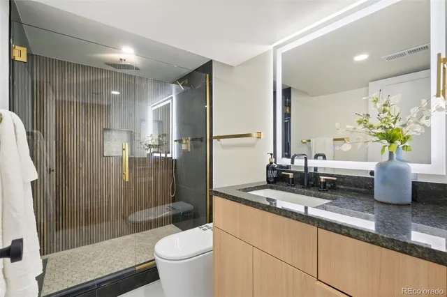 a bathroom with a granite countertop sink a toilet a mirror and shower