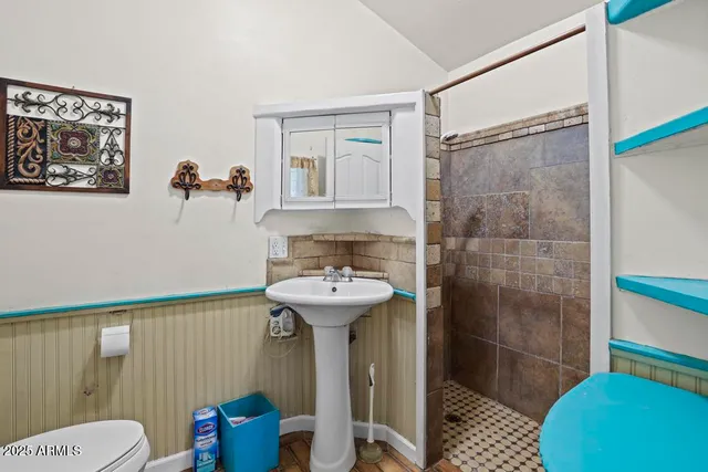 a bathroom with a sink toilet and shower