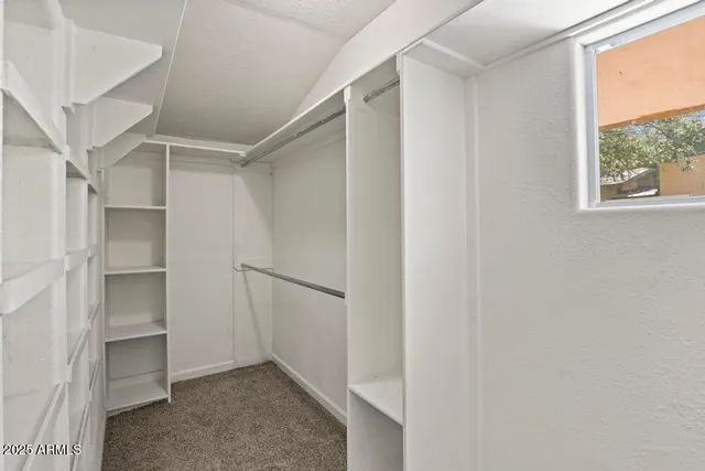 a view of walk in closet with empty racks