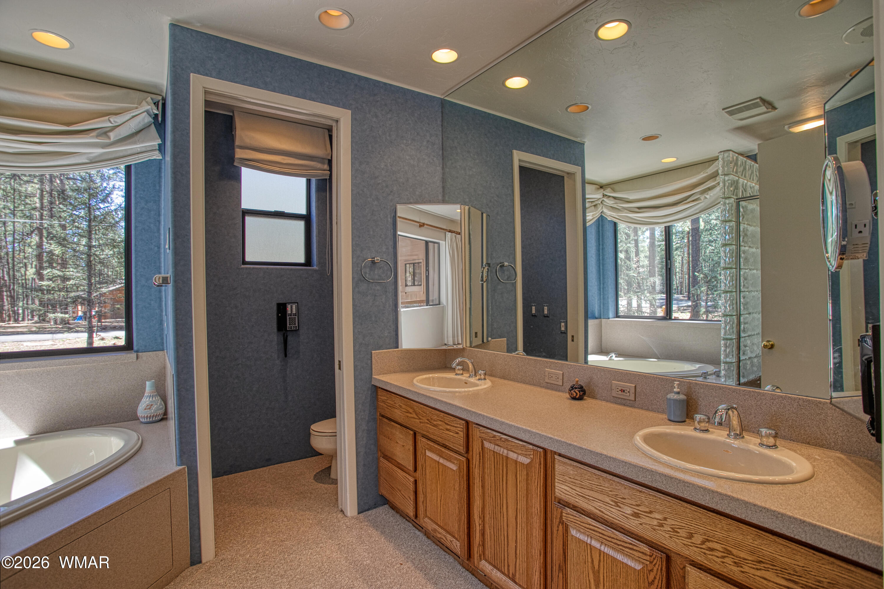 2896 Aspen Road Pinetop, AZ 85935 - Photo 23 of 75 a spacious bathroom with a granite countertop double vanity sink a mirror and a bathtub
