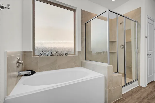 a bathroom with a bathtub and a shower