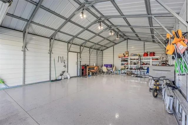 a view of a garage with storage