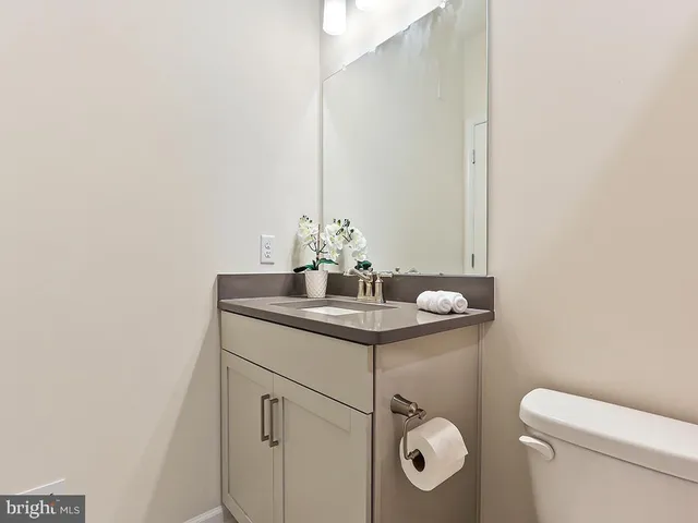 a bathroom with a sink vanity and toilet
