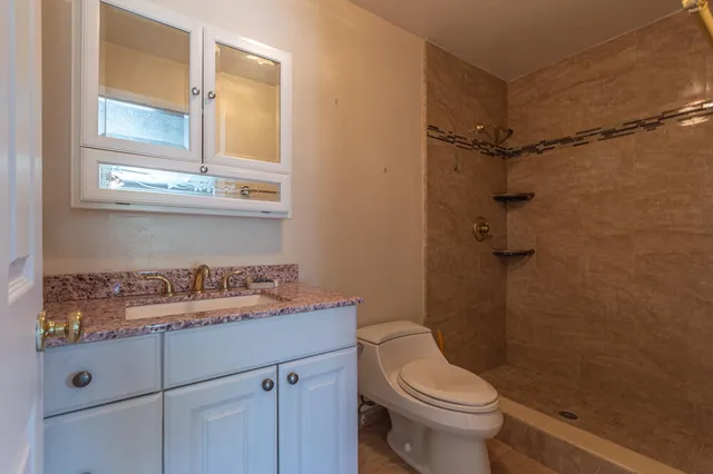 a bathroom with a sink a toilet and shower