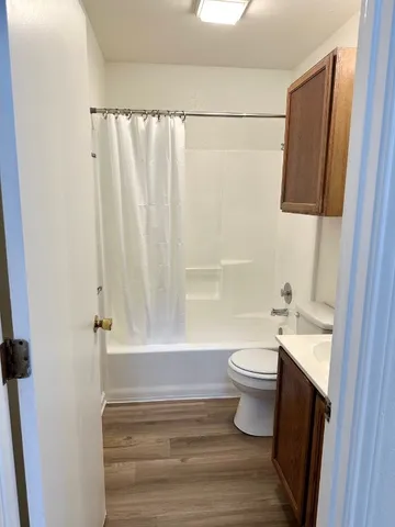a bathroom with a sink a toilet and shower curtain