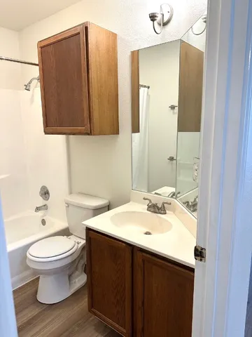 a bathroom with a sink toilet and mirror