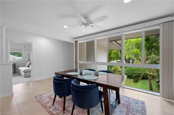 a view of a dining room with furniture window and outside view