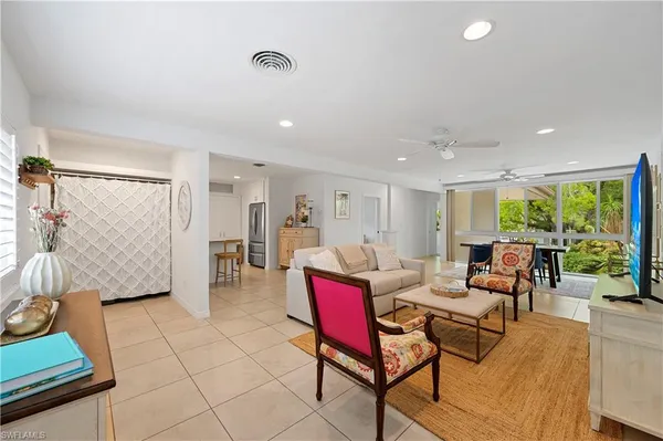 a living room with furniture and a floor to ceiling window