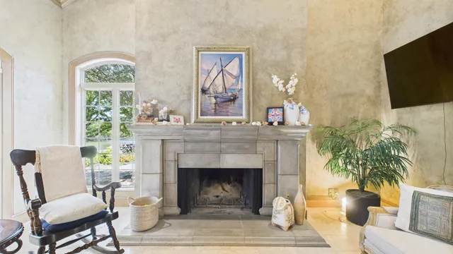 a living room with furniture a fireplace and potted plants with wooden floor