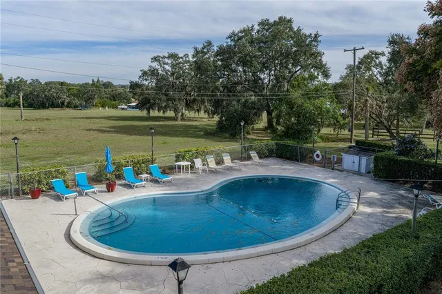 a view of a swimming pool with outdoor seating and garden
