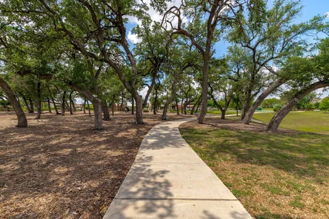 a view of park with large trees